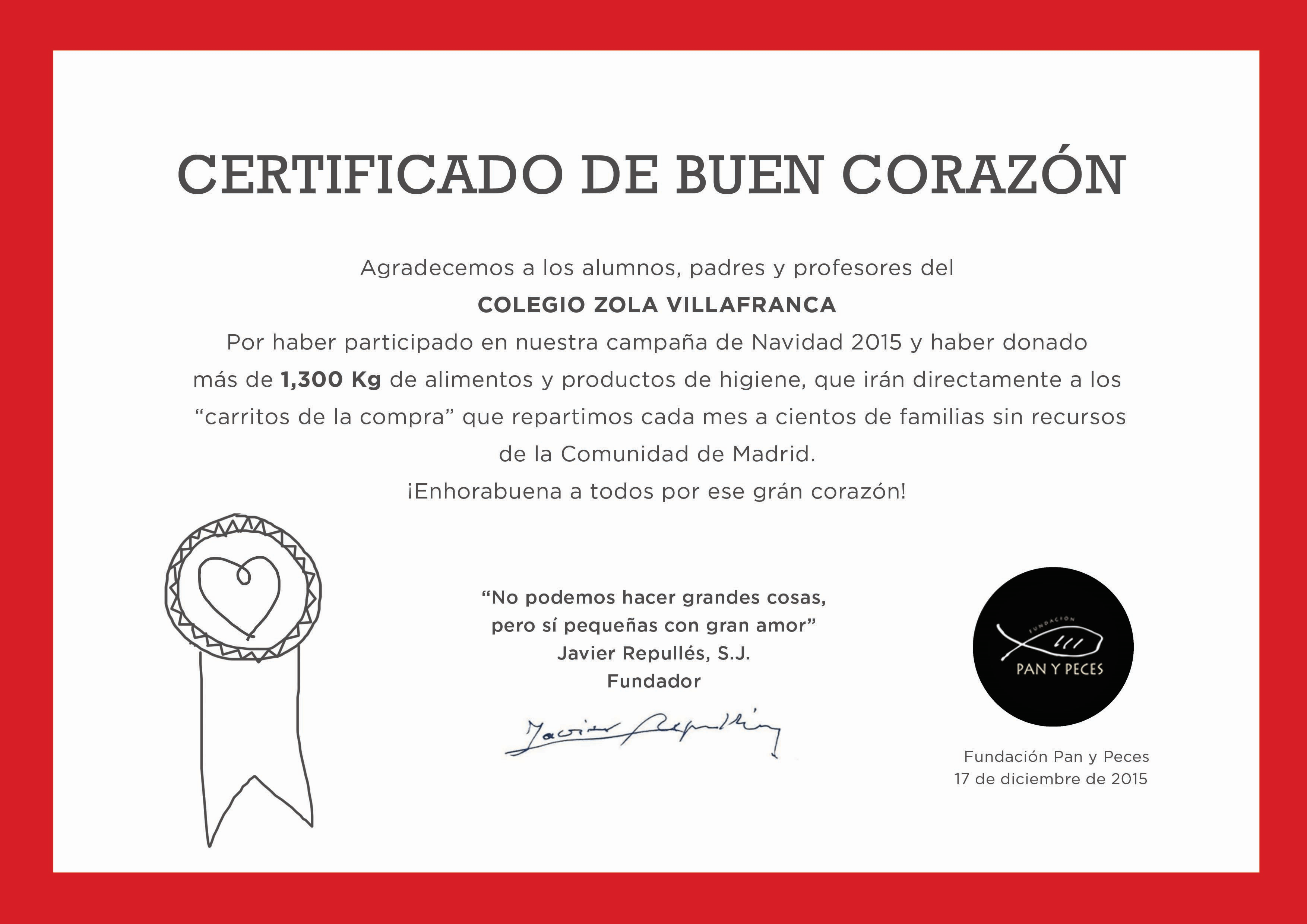 Certificado de Buen Corazón al Colegio Zola Villafranca