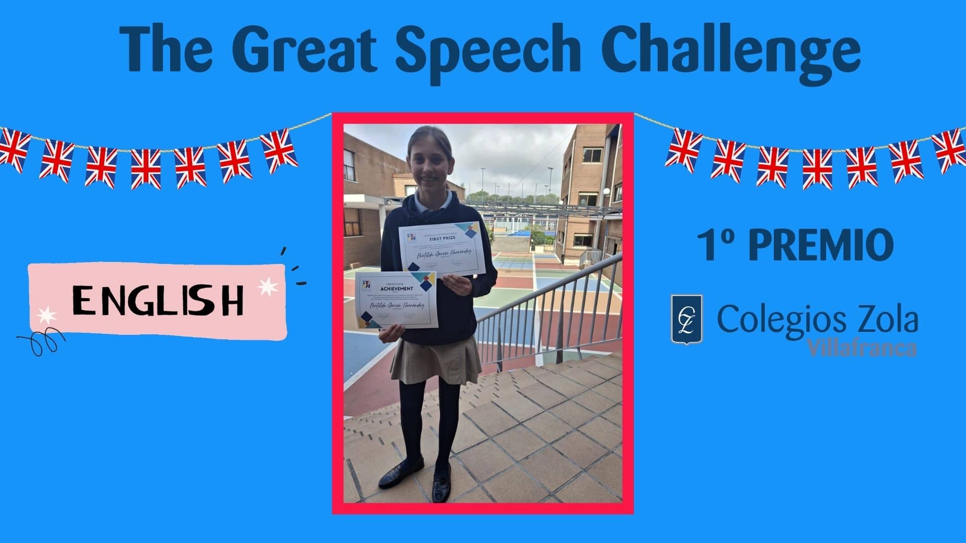 Nuestra alumna Matilde Garvía de 2º ESO                                 ganadora del concurso «The Great Speech Challenge» de Villanueva de la Cañada